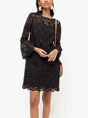 J Crew Eyelet Lace Dress Black Bell Sleeve Lined Classic Size 12 NWT